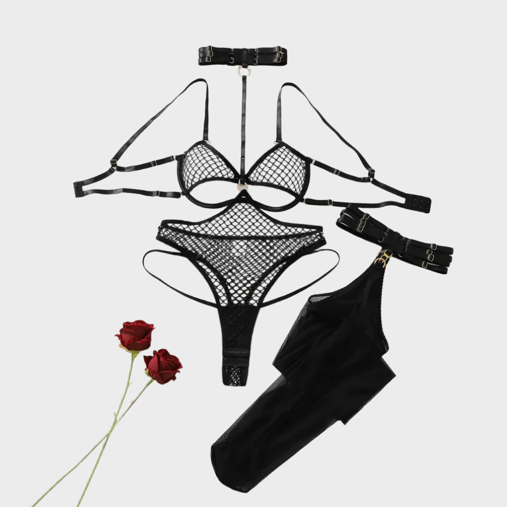 Fishnet Stocking Women - Women Black Fishnet Lingerie Set 5
